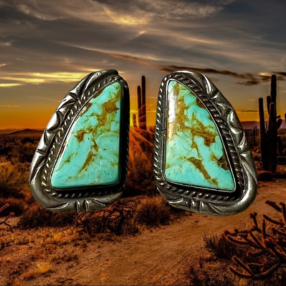Exquisite Sterling Silver Turquoise Stud Earrings DL Garcia 1 3/8”